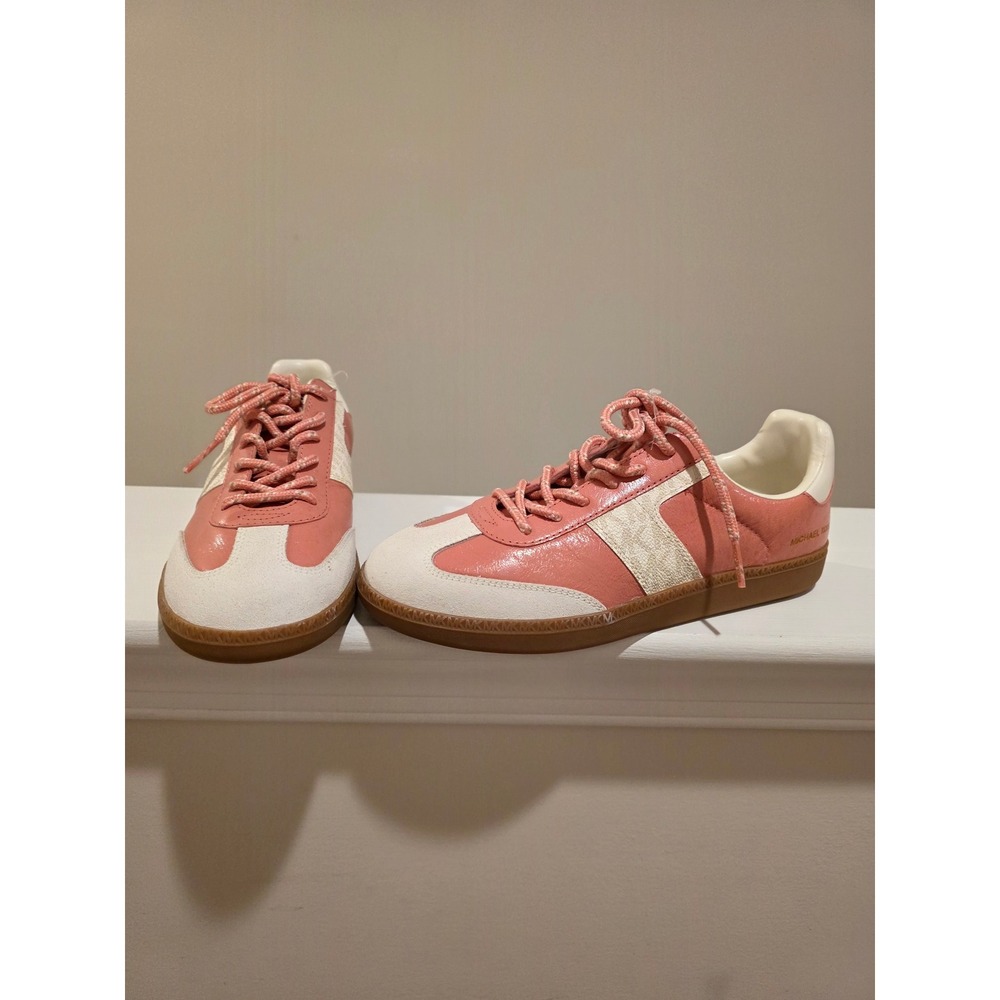 Women's sz 6 Michael Kors Jovie Leather Theo Pink Cream Primrose‎ Suede Sneakers